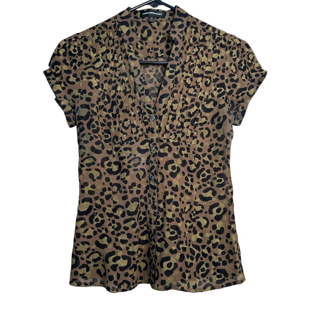 Y2K Express Studio Short Sleeve Leopard Cheetah Sheer Silk Button Blouse XS B7
